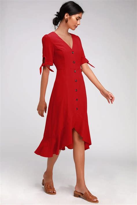 Gemma Red Button Front Tie Sleeve Ruffled Midi Dress Midi Ruffle