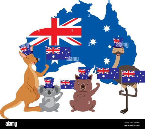 Kangaroo Koala Wombat And Emu Australian Flag Map Stock Vector Image