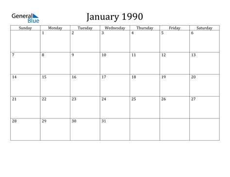 January 1990 Calendar (PDF Word Excel)