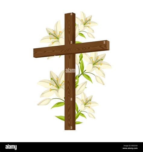 Silhouette Of Wooden Cross With Lilies Happy Easter Concept