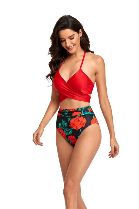 Costum De Baie Dama NEVERMORE Bikini Floral 2 Piese Poliester Rosu