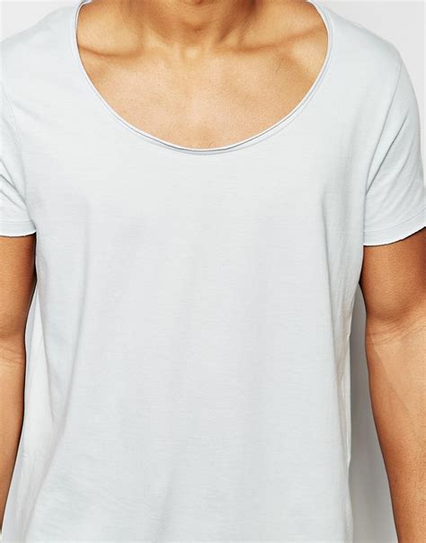 Asos Cotton Longline T Shirt With Wide Scoop Neck And Raw Edge In Grey In Gray For Men Lyst