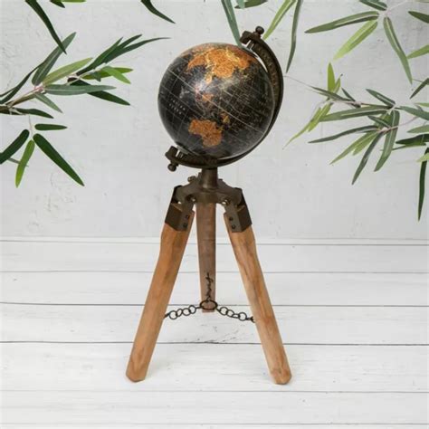 VINTAGE BLACK ROTATING World Globe Atlas With Wooden Tripod Home Office