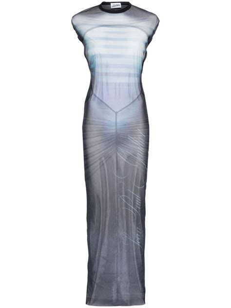 Jean Paul Gaultier Long Dress With Graphic Print And Sheer Fabric In