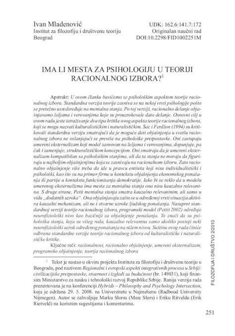 Pdf Ima Li Mesta Za Psihologiju U Teoriji Racionalnog Na Izbor