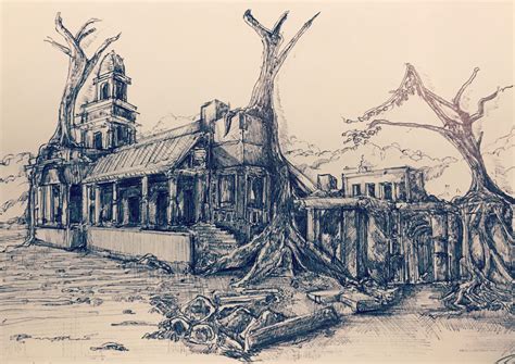 Ruins Ballpoint Pen On Paper Rdrawing