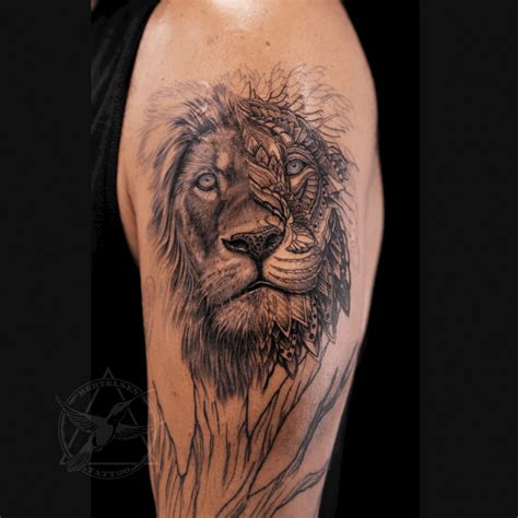 work in progress, lion, mandala, half and half, men with tattoos ...