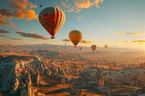 Hot Air Balloons Over Mountains At Sunrise In Cappadocia Premium AI