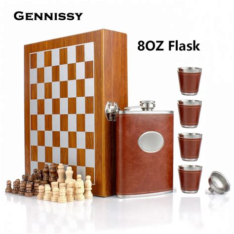 Jeu D échecs En Bois 8oz Flacon De Hanche En Cuir Et Acier Inoxydable