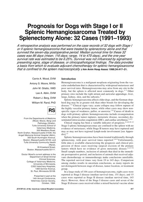 (PDF) Prognosis for Dogs with Stage I or II Splenic Hemangiosarcoma Treated by Splenectomy Alone ...