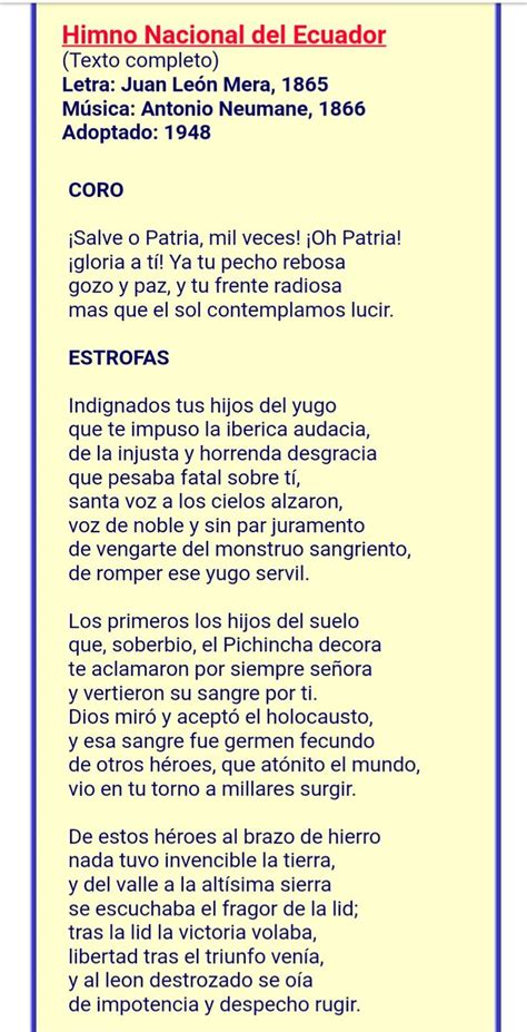 El Himno Nacional Del Ecuador Completo National Anthem Picture