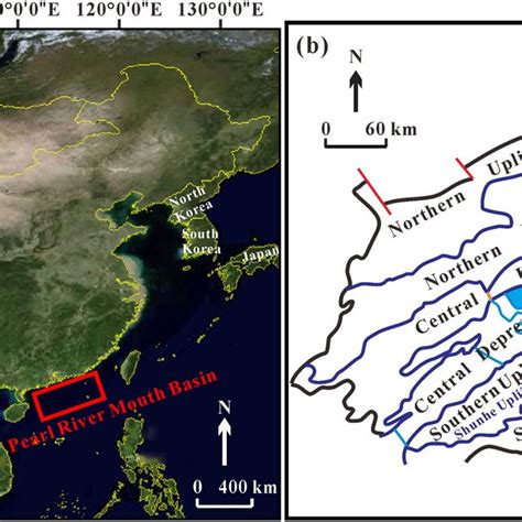 Geologic setting of the Pearl River Mouth Basin, China: (a) modern map ...