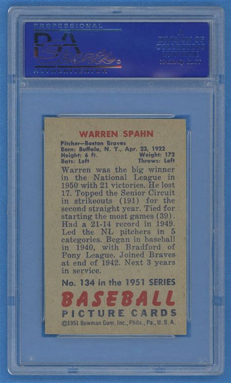 Bowman Warren Spahn Boston Braves Hall Of Fame Great Psa