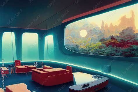 Digital illustration featuring retro futuristic interior of a spaceship ...