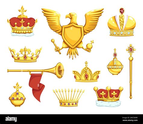 Cartoon Royal Symbols Golden Imperial Crowns Scepter And Ord Coat Of