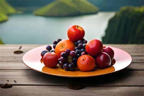 Premium Photo | A plate of fruit with a mountain in the background.