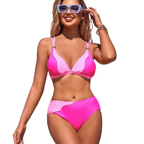 Beautyin Solid Color High Waisted Bikini Set Women Ruched Triangle Push