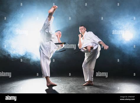 strong fighter practicing kicks   res stock photography  images