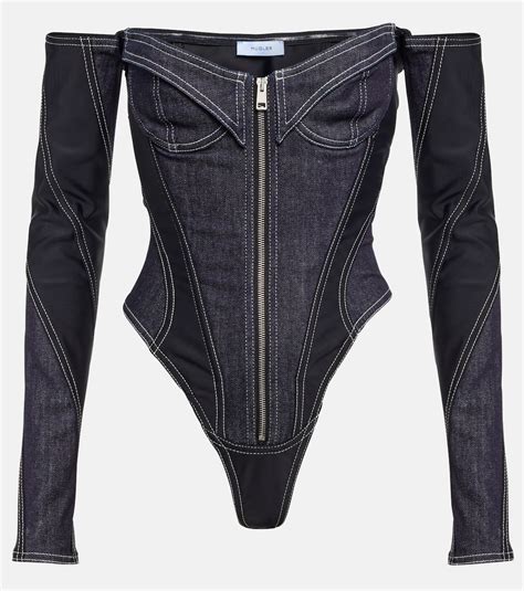 Denim Bodysuit In Blue Mugler Mytheresa