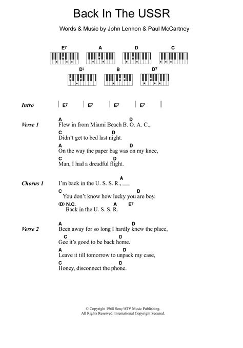 Back In The U S S R By The Beatles Sheet Music For Piano Chords Lyrics