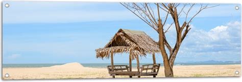 Tuinposter Hutje Bij Dode Boom Op Strand Bij De Zee 120x40 Cm Foto