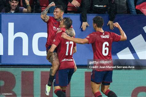 Ante Budimir Of Ca Osasuna Celebrates With His Teammate Chimy Avila