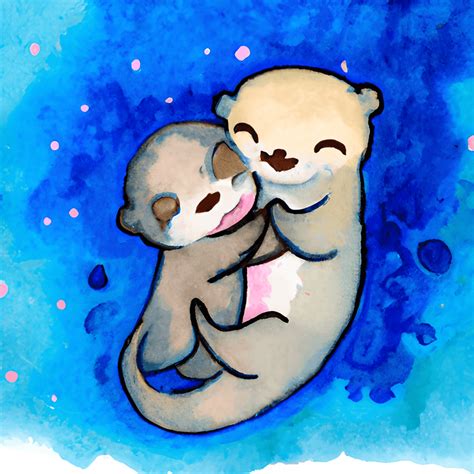 Two Happy Baby Otters Hugging in Glowing Blue Water · Creative Fabrica