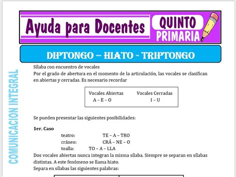 Diptongo Triptongo E Hiato Para Quinto De Primaria Ayuda Para Docentes