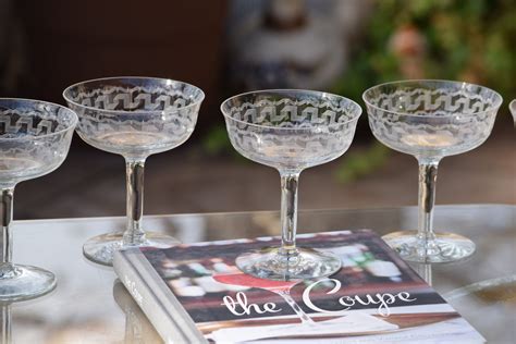 6 Vintage Needle Etched Crystal Cocktail ~ Martini Glasses ~ Fostoria