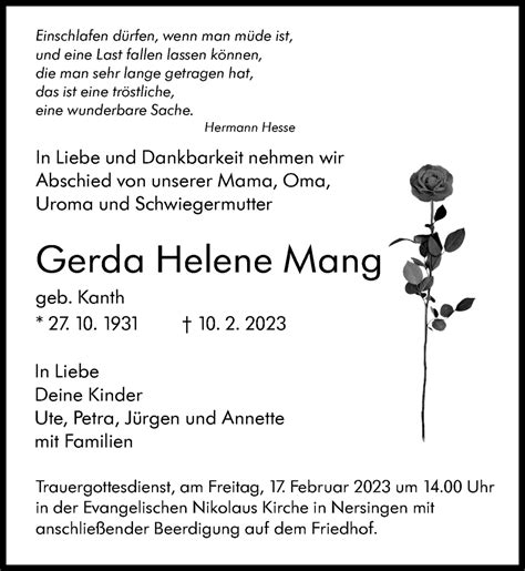 Traueranzeigen Von Gerda Helene Mang Augsburger Allgemeine Zeitung