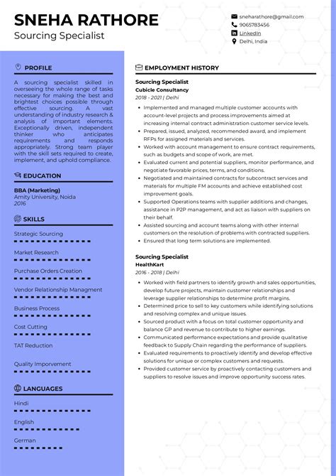 Sample Resume Of Sourcing Specialist With Template Writing Guide