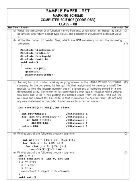 Sample Paper Of Computer Science Class 12 Integer Computer Science Subroutine