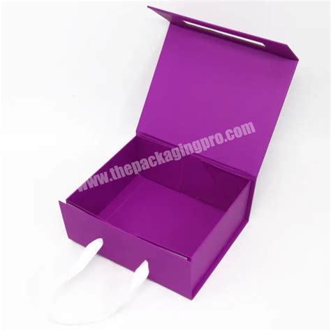 Custom Luxury Hardbox Cardboard Magnetic Lid Purple Paper T Box With Handle Foldable Rigid