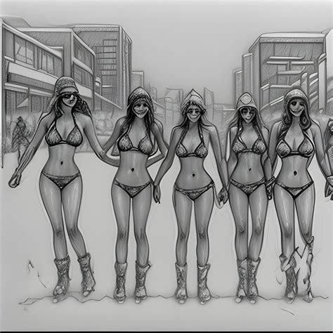 Group Of Bikini Women In Snow City Pencil Sketch Arthub Ai