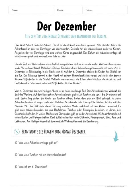 Unterrichtsmaterial Zum Monat Dezember