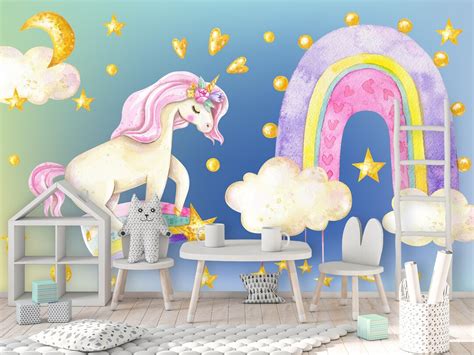 Unicorn Wallpaper Girl Room. Unicorn Wall Mural Removable. Rainbow ...