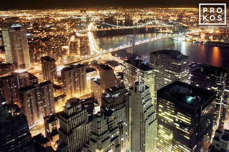 Aerial View of Lower Manhattan and Brooklyn Bridge at Night - PROKOS