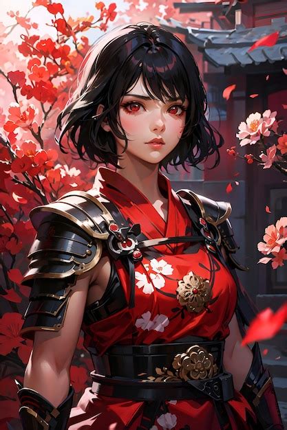 Premium Ai Image A Beautiful Short Black Hair Woman Dressed In Red Samurai