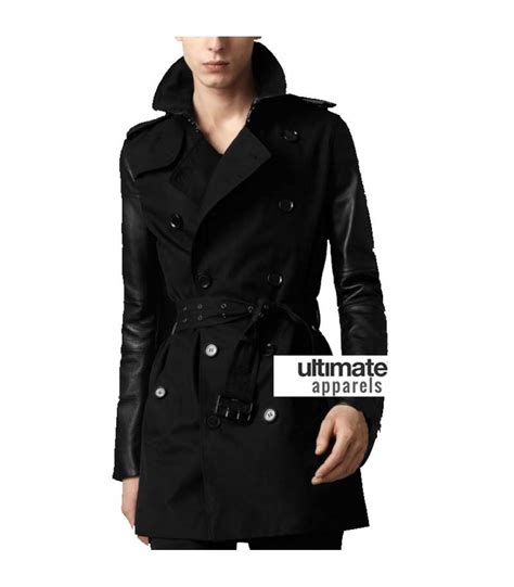 Mens Cotton Black Trench Coat With Leather Sleeves