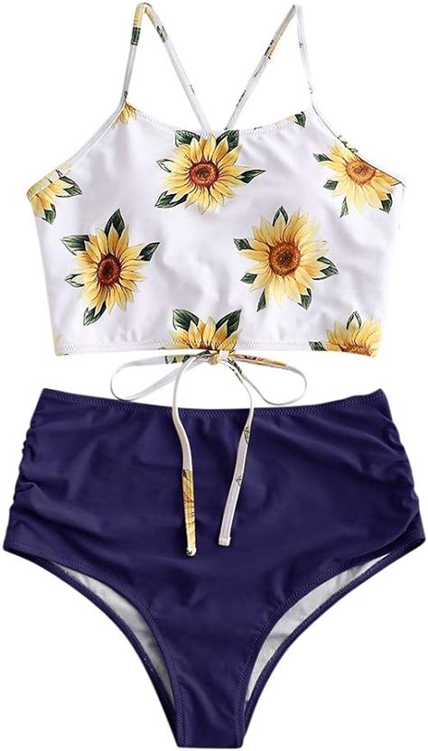 Amazon Zaful Women High Waisted Bikini Set Sunflower Two Piece Tankini Lace Up Wrap Bathing