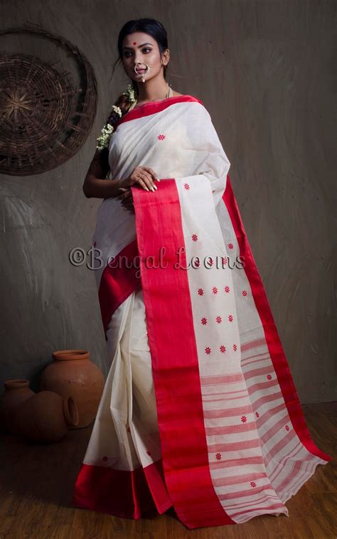 Bengal Handloom Cotton Saree With Starch In Off White And Red Etsy