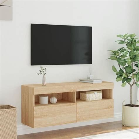 Xiafmall Meuble Tv Mural Avec Lumi Res Led Ch Ne Sonoma X X Cm