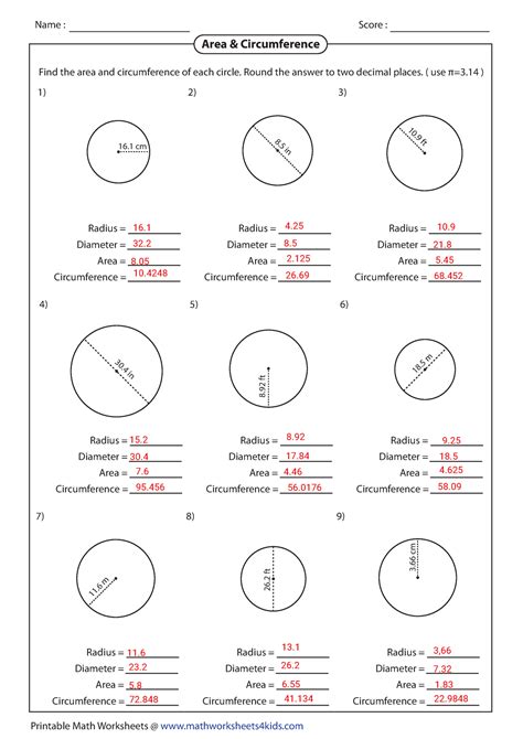 Calculate Radius And Diameter Of Circles From Area A Worksheets Library