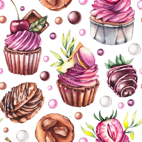 Premium Photo Watercolor Pattern With Cupcakes On A White Background