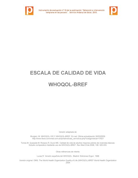 Escala De CV Whoqol BREF ESCALA DE CALIDAD DE VIDA WHOQOL BREF