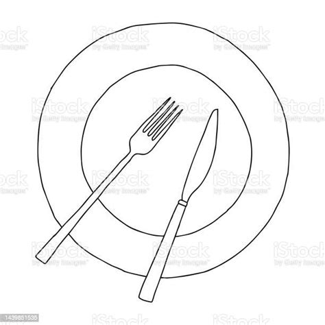 Black Hand Drawing Outline Flat Vector Illustration Of Tableware Set