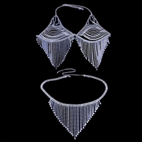 Women Sexy Rhinestone Body Chain Bikini Set Crystal Tassel Bra Panties Underwear On Onbuy