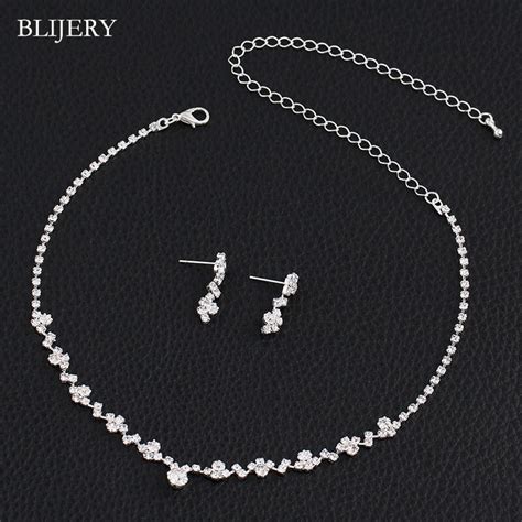 Blijery Fashion Crystal Bridal Jewelry Sets Silver Color Geometric Choker Necklace Earrings