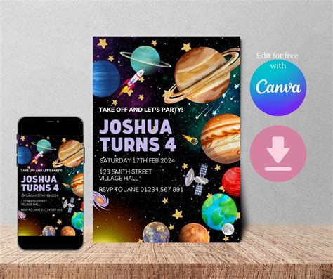 Space Planet Birthday Party Invitation, Digital Download Template, E-vite, Printable Editable ...