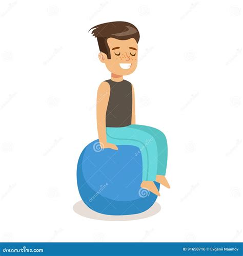 Smiling Boy Sitting On A Pilates Ball Colorful Cartoon Character